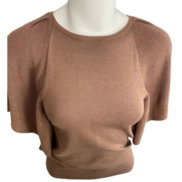 Prologue Brown Mocha Short Flutter Sleeve‎ Crewneck Sweater Top sz XS - Picture 3 of 9